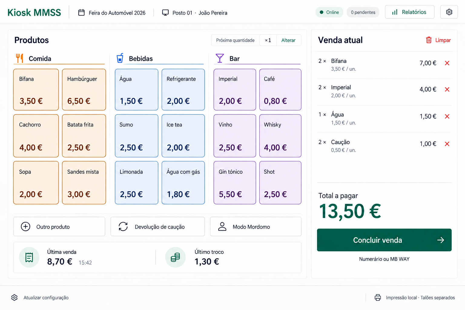 Interface de vendas do Kiosk, com produtos por categoria e resumo da venda